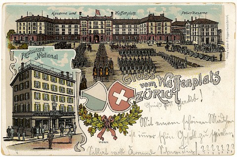 Postkarte «Gruss vom Waffenplatz Zürich» aus dem Jahre 1908