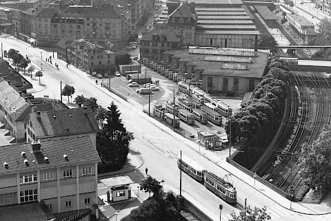 Das Areal des alten Tramdepots um 1980 (Foto: Ruedi Butz / Hist. Verein Aussersihl)