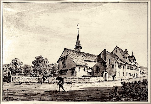 Dier Kapelle St. Jakob und das angebaute Pfrundhaus auf einer Aquatinta aus dem 18. Jahrhundert (BAZ)