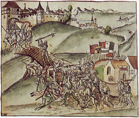 Bürgermeister Rudolf Stüssi wird bei der Schlacht von St. Jakob 1443 an der Suhl auf der Brücke feige von unten aufgespiesst.