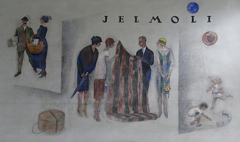 Werbung für Jelmoli in der Bahnhofhalle: die beiden Wandfresken von Otto Bamberger aus dem Jahre 1926.