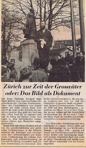 Zeitungsartikel aus dem Jahre 1984 über Hans Staub mit Hinweis auf eine Ausstellung von Aufnahmen des Fotografen im Zürcher Kunsthaus.